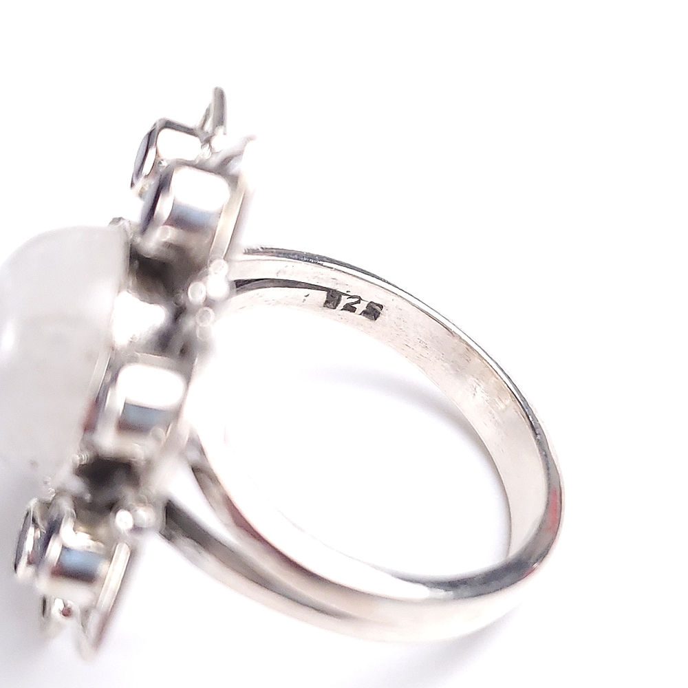 925 Sterling Silver Rainbow Moonstone and Iolite Flower Ring Size 7.5 - Picture 12 of 16